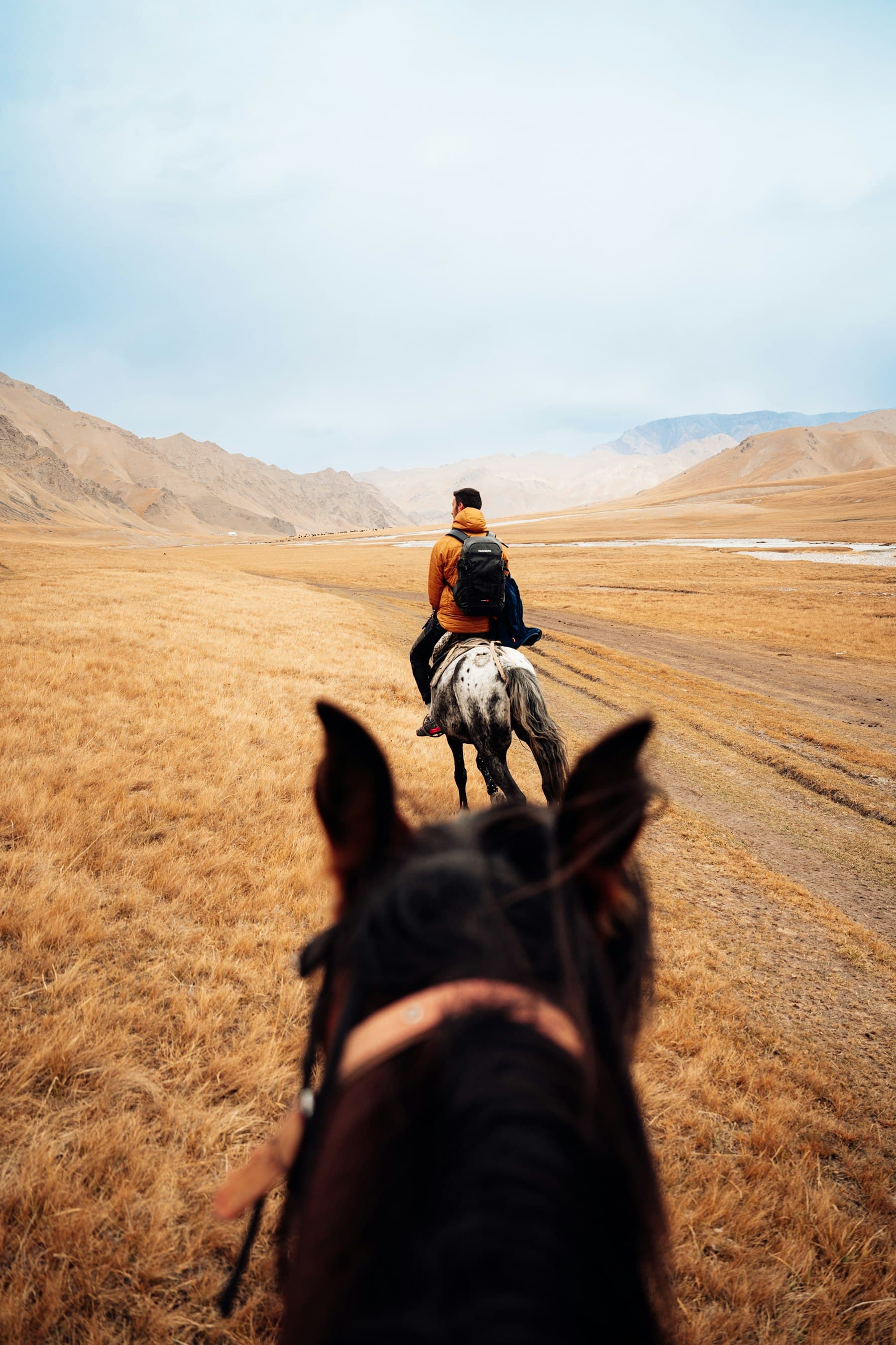 Horseback on a dirt track through a golden Kyrgyz valley, another rider ahead