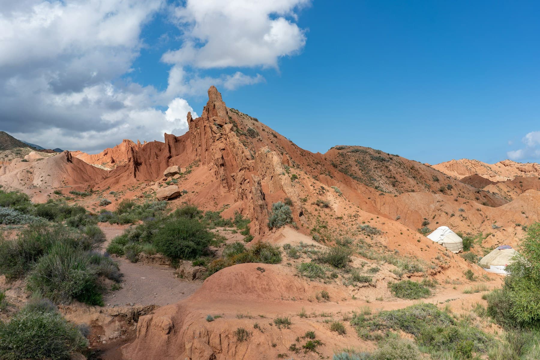 Red sandstone ridges of Skazka Canyon with two white yurts in a fold of the hills